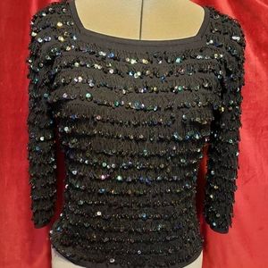 Black / Iridescent Sequined Fringe Blouse